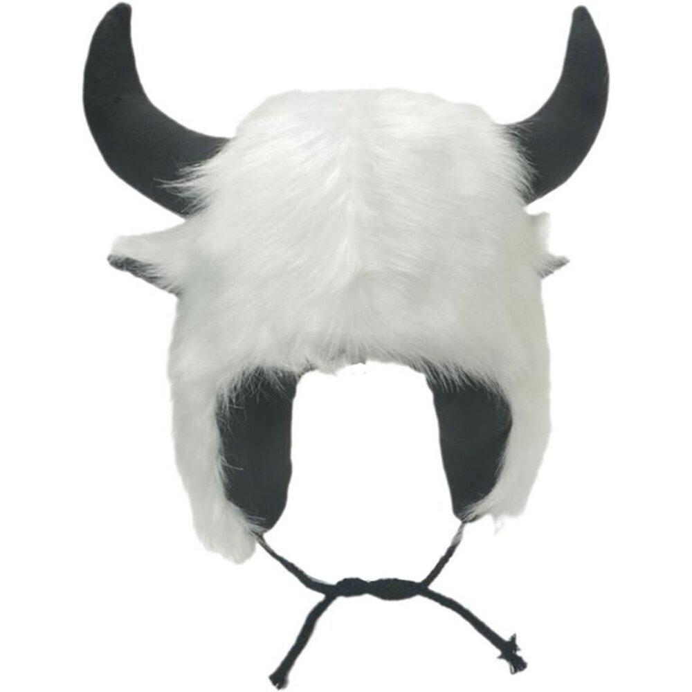 Men  A-white Furry Buffalo Horn Winter Hat Unisex Faux Fur Earflap Trooper Cap